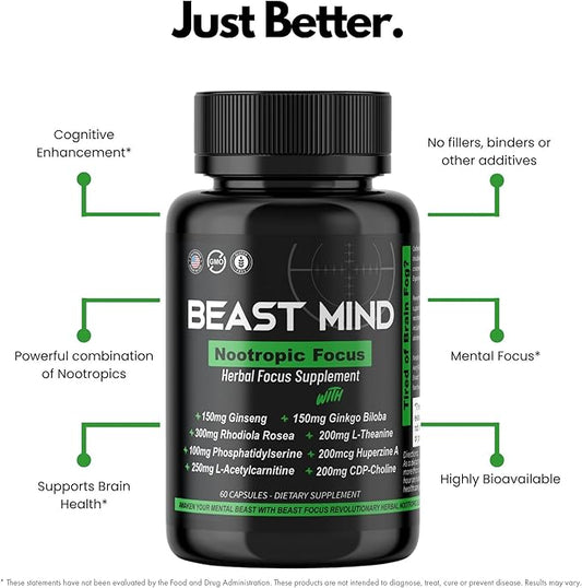 Beast Mind Focus Clarity Nootropic Blend | Ginkgo Biloba | Huperzine A | Rhodiola | Citicoline | L-Theanine | Enhanced Focus & Clarity & Cognitive Function Labs