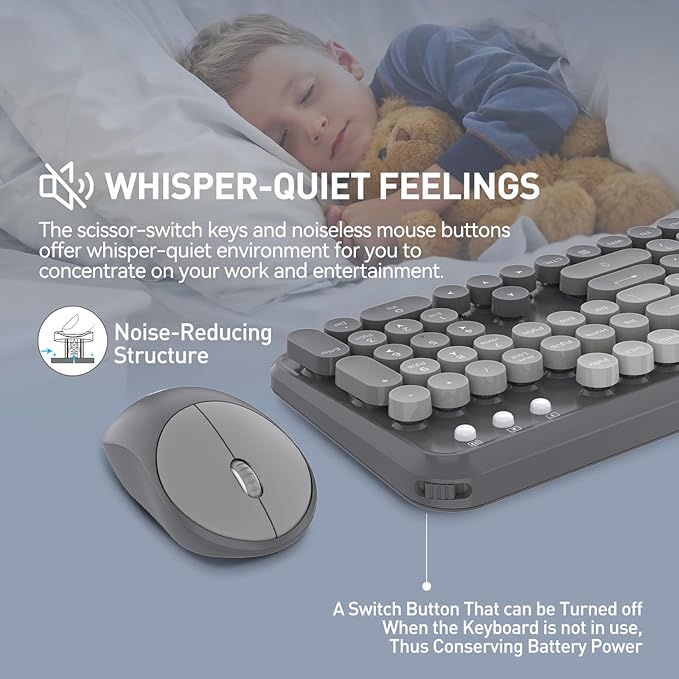 Wireless Keyboards Mouse Combos, Colorful Cute Typewriter Full-Size Retro Creamy Keyboard, 2.4GHz Sleep Mode Office Quiet Wireless Keyboard and Mouse Set for Desktop Laptop PC Computer-Black