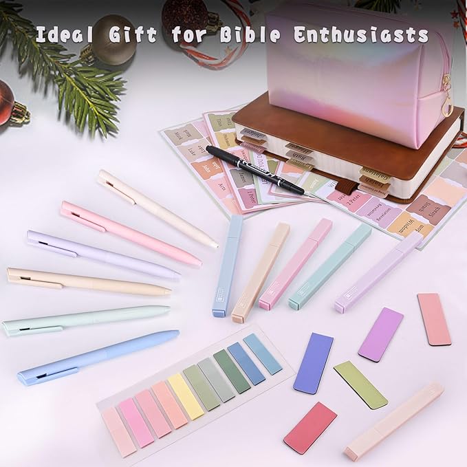 Bible Journaling Kit, Include 6 Bible Highlighters and 6 Pens No Bleed, 90 Laminated Bible Tabs, Magnetic Bookmarks, Sticky Notes, Study Supplies Essentials Set for Women & Men