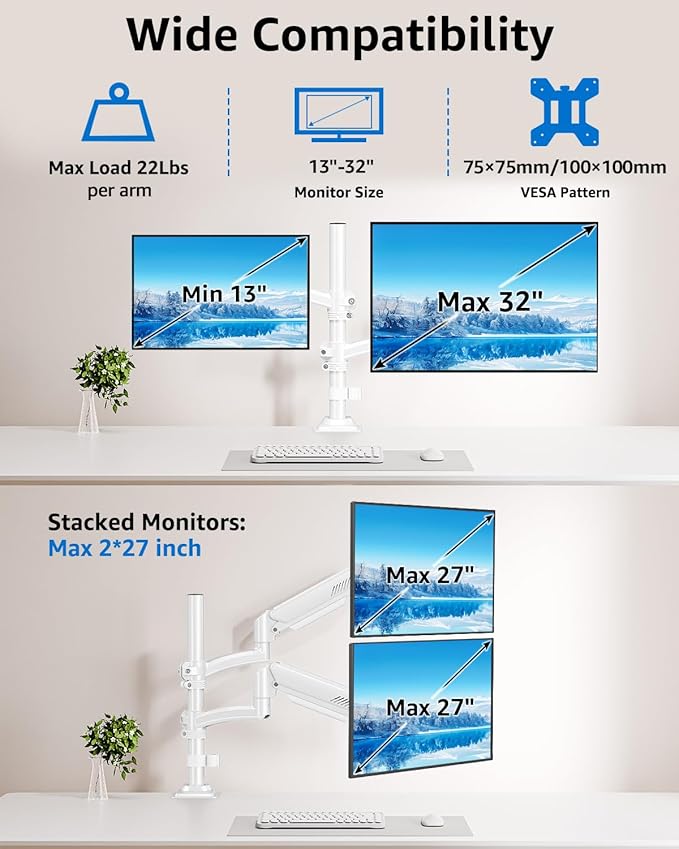 Dual Monitor Stand Holds 4.4-22 lbs Each, Dual Monitor Arm for 2 Monitors, Height Adjustable Computer Desk Mount for Max 32 inch Screens, VESA Mount with C-clamp & Grommet Base, Freelift White