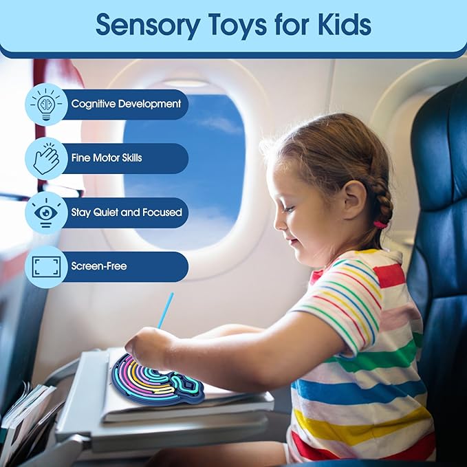 Sensory Activity Board Silicone Fidget Toy, Double-Sided Rainbow Sensory Toys for Autism, Stress, Anxiety, ADHD, Kids 3+& Adults, Includes Travel Bag & 12 Strings, Dark Blue