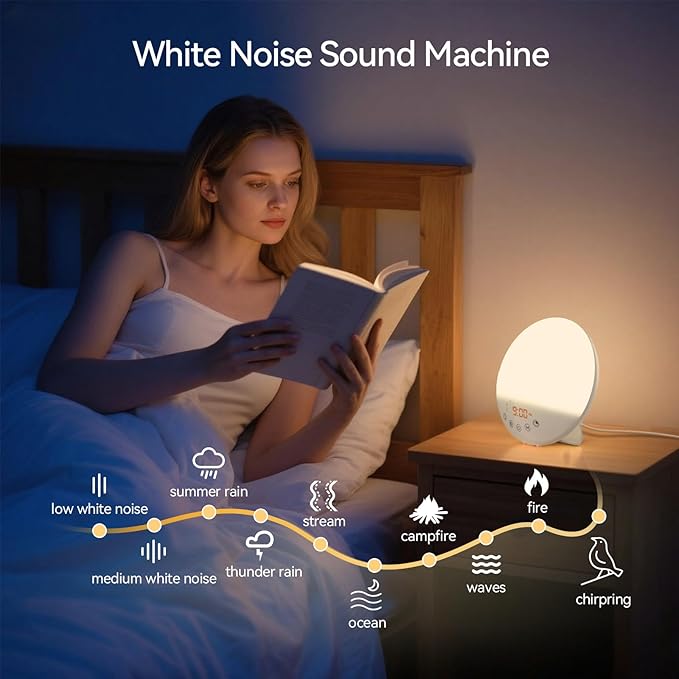 Wake Up Light Sunrise Alarm Clock, 10000 Lux UV-Free Sun Lamp with Dimmable Brightness, 4 Color Temperatures, Timer, Dual Alarms, Snooze, Sleep Aid, 10 Natural Sounds