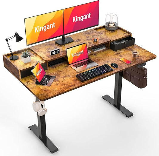 Kingant 63" x 30" Standing Desk with Drawers, Large Desktop, Ergonomic Sit Stand Desk for Home Office Work, Cable Management, 3 Preset Heights & 2 Hooks, Rustic Brown