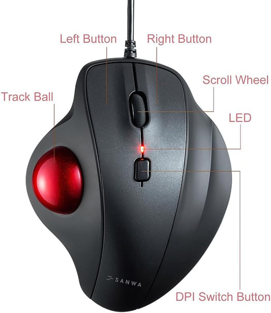 SANWA Wired Ergonomic Trackball Mouse, Optical Vertical Rollerball Mice, Silent Buttons, 34mm Trackball, 600/800/1200/1600 DPI, Compatible with MacBook, Laptop, Computer, Windows, macOS, Red
