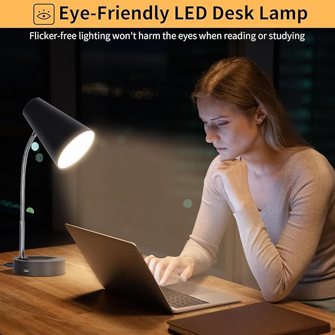 RUNTOP Desk Lamp, Black Desk Lamps for Home Office, LED Desk Light with USB Port and Type C Port, 5 Brightness Levels, 5 Color Temperatures, Flexible Gooseneck Desk Lamp, Table Lamp for Reading Study