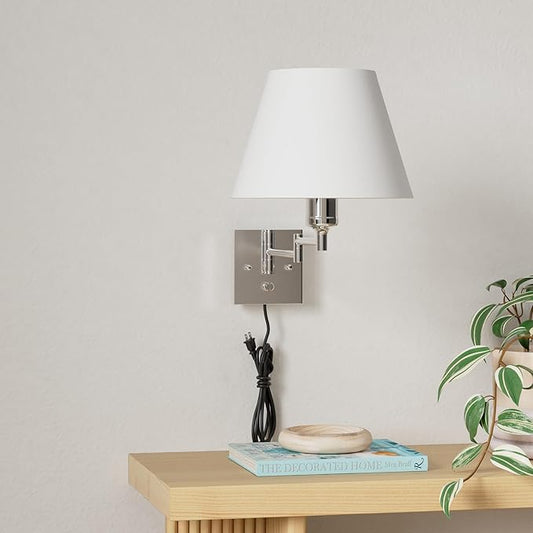 TRLIFE Wall Sconces Plug in, Remote Control Dimmable Wall Sconce and Adjustable Color Temperature 2700K-6500K, Swing Arm Wall Lights with Plug in Cord, 9.4" Medium White Fabric Shade(2 Pack, 2 Bulbs)