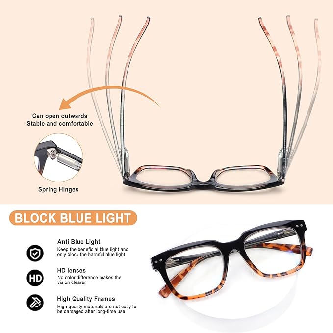 Progressive Multifocus Reading Glasses for Women Men Blue Light Blocking Spring Hinge Square Computer Readers