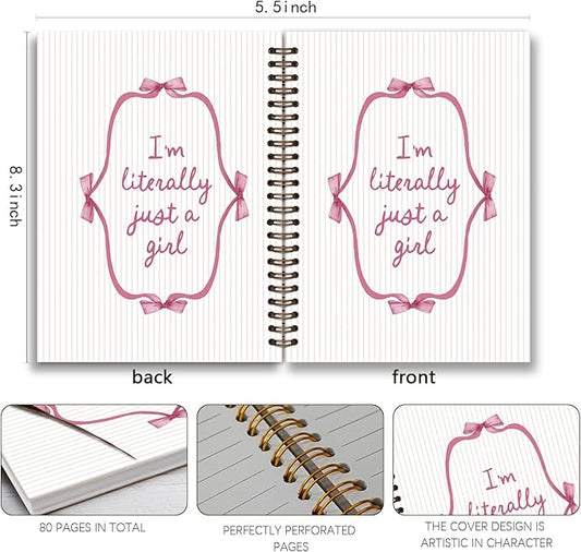 Coquette Pink Notebook Journal, Preppy Pink Bow Striped Aesthetic Journal Notebook for Note Taking,Cute Girly Notebook,Preppy Gifts for Women,Pink Office Supplies,Spiral Notebook 5.5x8.3 Inch