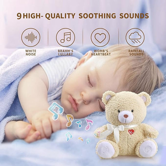 BEREST Sleeping Bear Baby Sleep Soother- Mom's Heartbeat White Noise Machine Infant Stuffed Animal Bear Toy Sleeping Aid, Nursery Decor with Baby Cry Sensor, Night Light, 9 Soothing Sounds Therapy