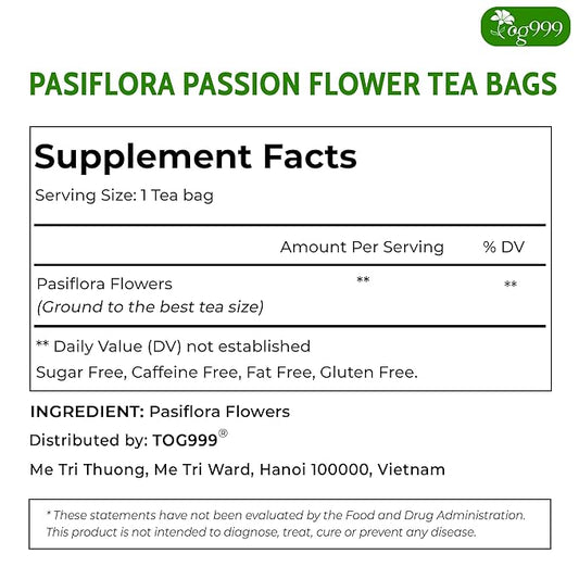 TOG999 120 Pasiflora Pasion Flower Tea Bags, 100 Percent Natural, Organic & Non-GMO, Pure Passion Flower. Herbal Tea. No Sugar, Caffeine, Gluten, Vegan.
