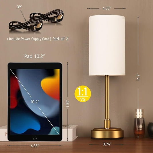 Set of 2 Small Touch Nightstand Lamp Rechargeable Battery Operated Cordless LED Table Lamp, Portable 3 Colors Stepless Dimmable Fabric Desk Light for Restaurant/Bedroom/Outdoor (White+Brass)