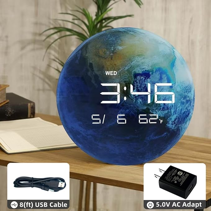 13" Digital Wall Clock with LED Display, Calendar & Temperature, Automatic Dimming, 12/24hr Format, USB Powered, Wall & Desk Use - HUI-8859