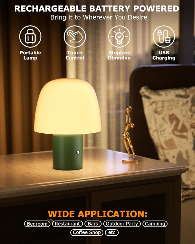Portable LED Table Lamp, Cordless Desk Lamp Rechargeable, 3-Color Touch Stepless Dimming Night Light for Bedroom/Children's Room/Terrace/Dining Room/Cafe (Green)