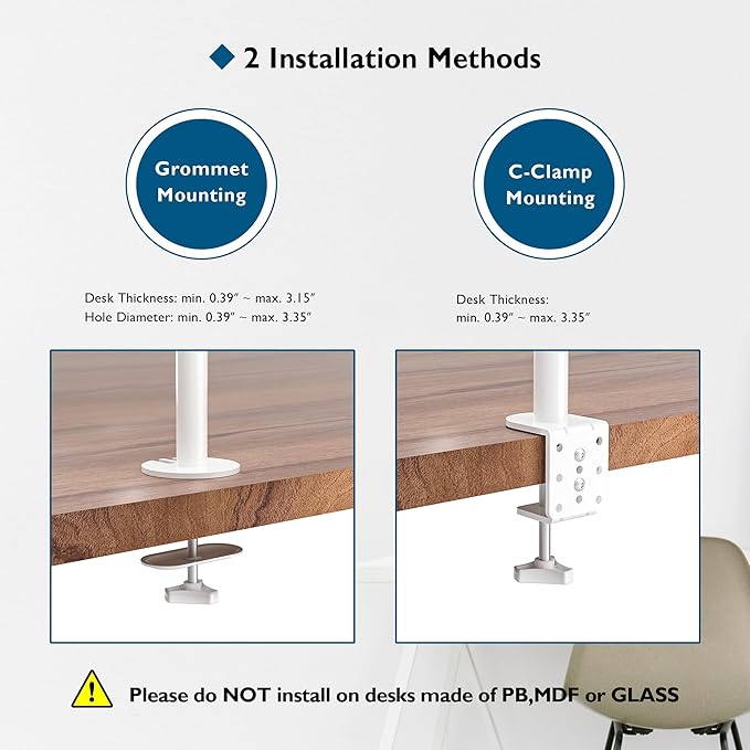 BONTEC Dual Monitor Desk Mount, Full Motion Adjustable White Monitor Stand for 13–27 Inch Screens, Heavy Duty Arms Hold 22 lbs Each, VESA 75x75/100x100, C Clamp and Grommet Base, Cable Management