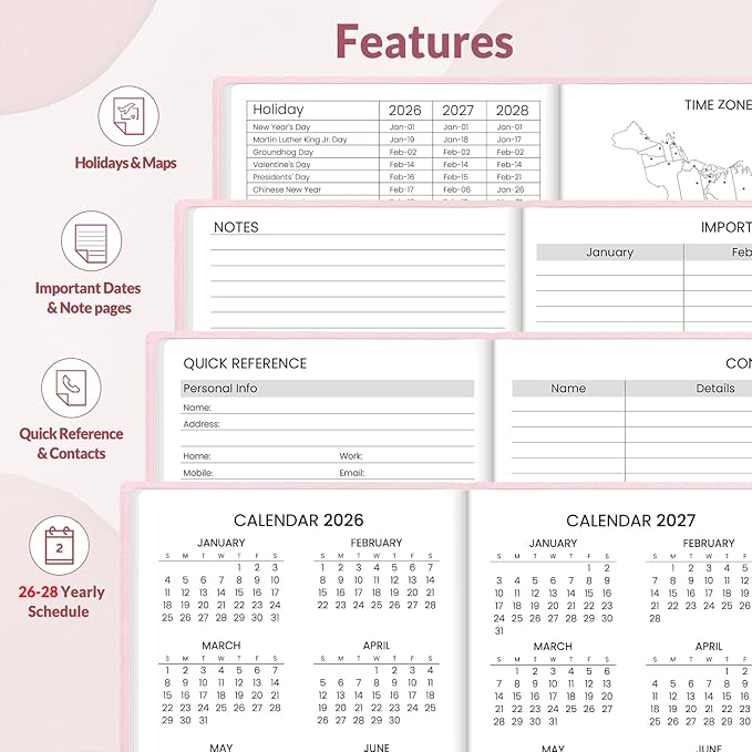 SUNEE 2026 Pocket Weekly Planner for Purse 3.5" x 6" - 12 Month (January 2026 - December 2026), Small Size Planner, Hardcover, Notes, Pocket, 100 GSM Paper, Pink