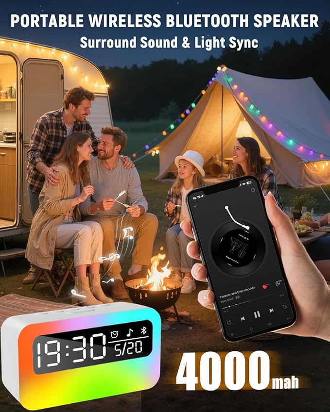 4-in-1 White Noise Sound Machine with 24 Soothing Sounds, Adjustable Night Light for Kids Aldult, 4000mAh Rechargeable Bluetooth Speaker with Time Display