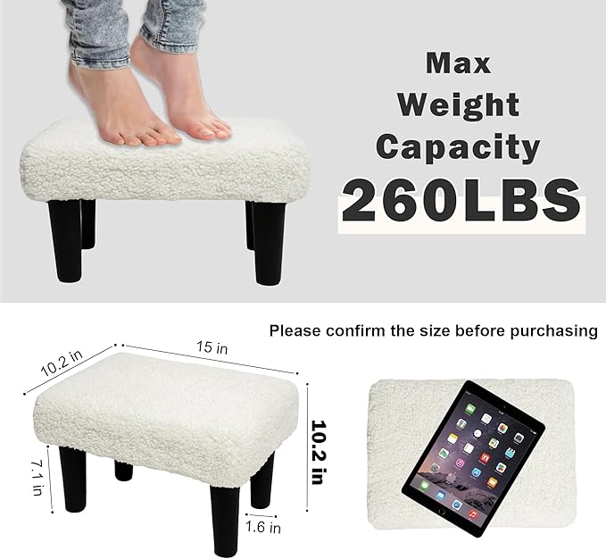 CAROLMADE Ottoman Foot Rest, Sherpa Small Ottoman Foot Stool with Legs Modern Footstool Ottomans for Living Room Entryway Office, Soft White