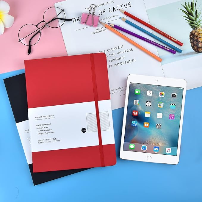 2 Pack B5 Journal Notebooks Classic College Ruled Notebooks Hardcover Lined Journals for Office Home School Business Writing Note Taking, 10.2 x 7.5 inch, 100GSM Thick Paper, 160 Pages (Black/Red)