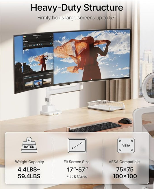 monTEK Heavy-Duty Single Monitor Arm for 17-57 inch, up to 59.4lbs Ultrawide Screens,Gas Spring Dual Curved Adjustable Monitor Stand for Desk,75/100mm VESA Mount with USB,White