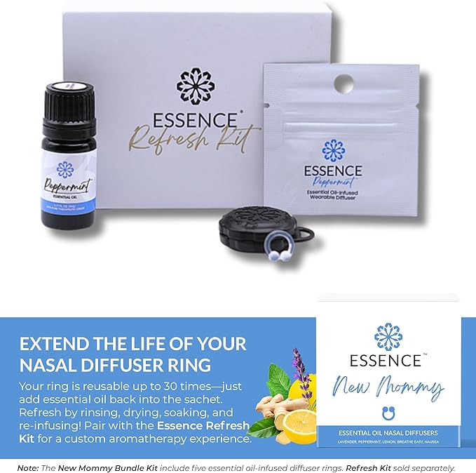 Essence Nasal Diffuser New Mommy Bundle – Essential Oil Silicone Nose Rings for Morning Sickness & Motion Sickness Support – Wearable Blends Pack for Pregnancy & Travel