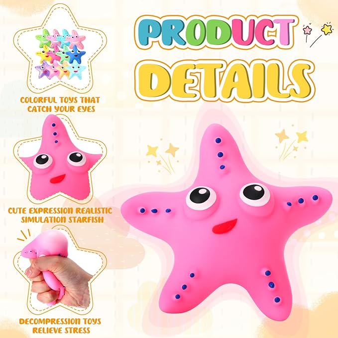 Meooeck 12 Pack Axolotl Stress Relief Toys Glitter Axolotl Starfish Stress Balls Fun Relaxing Squeeze Fidget Toys Relieve Anxiety Squeeze for Birthday Party Goodie Bag Stuffers(Starfish)