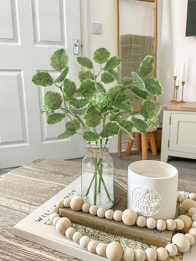 Fake Plants Eucalyptus Stems in Glass Vase with Faux Water, Artificial Plants Eucalyptus Leaves for Shelf Desk Bathroom Farmhouse Coffee Table Home Decor
