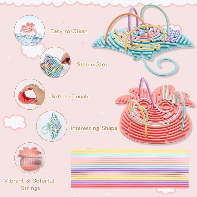 2 Pack Sensory Activity Board with 20 Random-Color Strings, Double-Sided Silicone Sensory Fidget Toy for Kids and Adults with Autism, ADHD, Silent, Stress Relief, Calming, Focus, Gift for Girls Boys