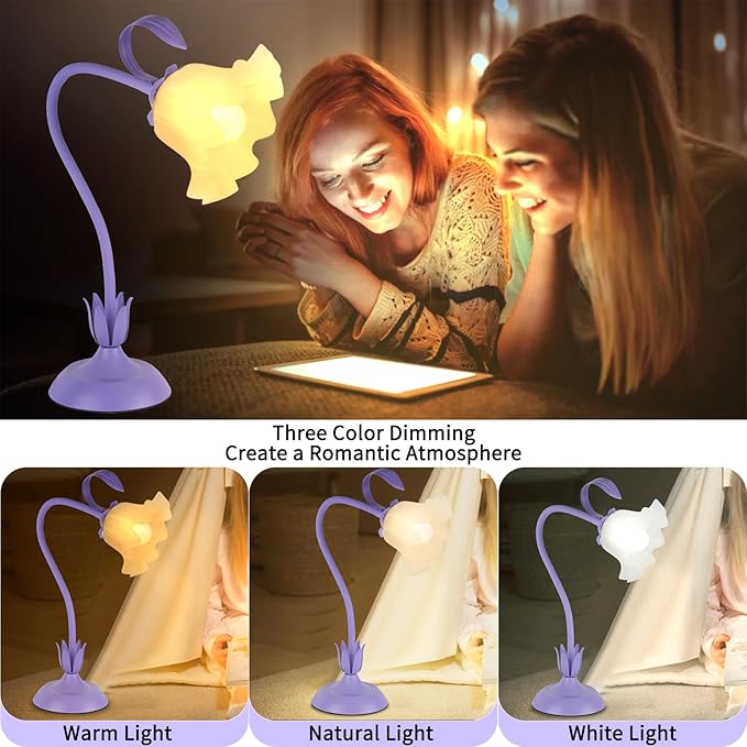 Cute Flower Desk Lamp, 3 Color Temperature Table Lamp with LED Bulb, Vintage Bedside Lamps, Reading Lamps with Soft Light for Bedroom, Living Room(Purple)