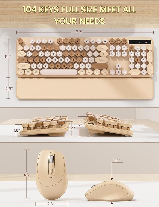 Wireless Keyboard and Mouse Combo - Cute Typewriter Keyboard with Detachable Wrist Rest, Retro Round Keycaps, Foldable Legs, 2.4GHz Full-Size Keyboard for PC, Laptop, Mac, Windows - Trueque (Latte)