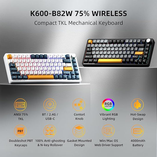 Machenike K600 B82W Gasket Mechanical Gaming Keyboard,75% Wireless Hot Swappable Gaming Keyboard with Padding&Knob,Bluetooth/2.4GHz/USB-C,RGB Backlit for PC/Tablet/Xbox/PS4/PS5