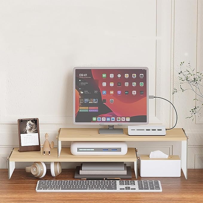 YGYQZ Wood Adjustable Monitor Riser for Desk, 2 Tier Dual Monitor Stand with Acrylic Legs Office Desk Shelf Organizer for Laptop, PC, Printer, Computer (wood-wavy)