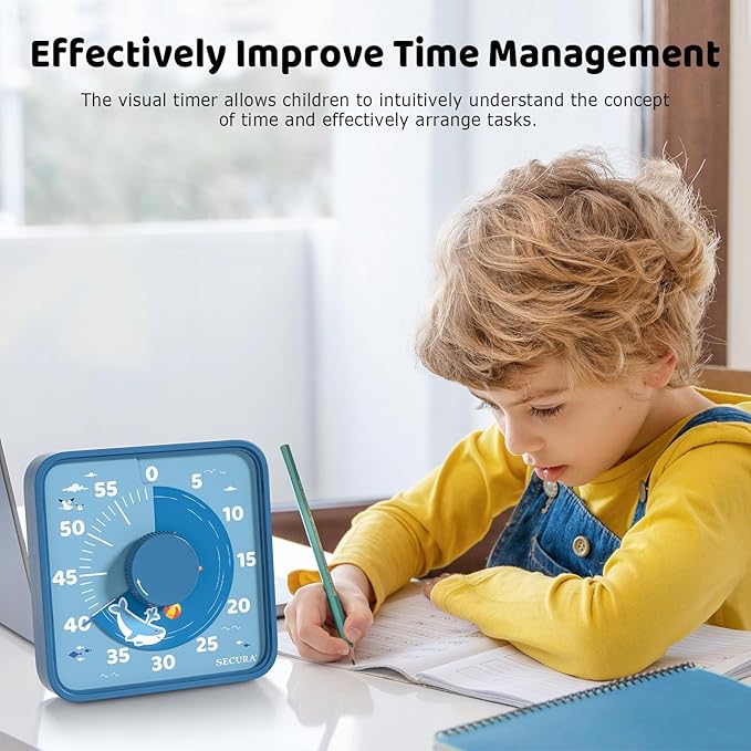 Secura 7.5-Inch Animal Pattern Visual Timer for Kids, 60-Minute Countdown Timer for Classroom or Kitchen, Durable Mechanical Timer Clock with Magnetic Backing (Blue)
