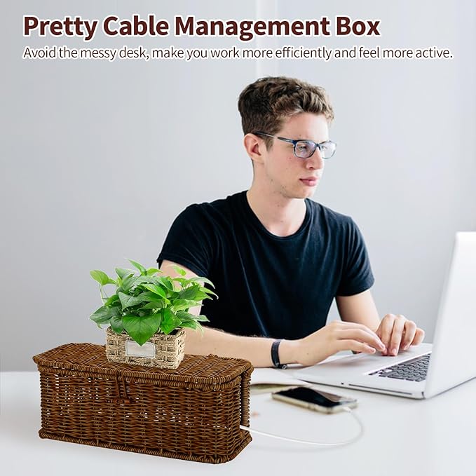 Cable Management Box, Desk Handwoven Rattan Cord Hider Organizer Box With Lid Button Lock, Power Strip Holder Decorative Box, Floor Cord Surge Protector Storage Box