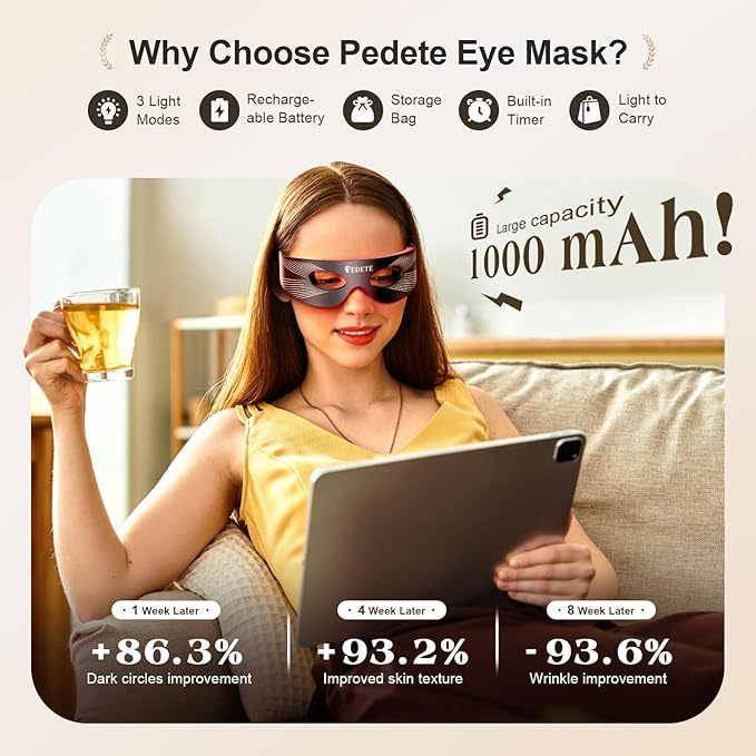 Red Light Therapy for Eyes, 3 Modes Under-Eye Red Light Eye Mask, Eye Massager for Fine Lines Eye Bags and Dark Circles for Men Women