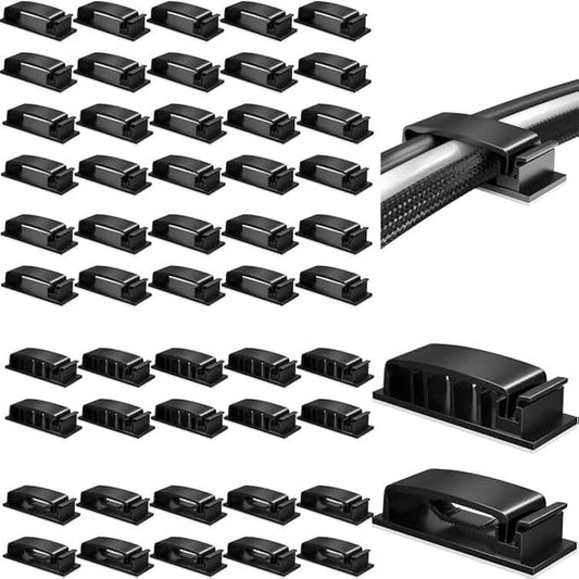 Cable Clips 50Pcs, Cable Management Under Desk Self Adhesive Cable Management Clips, 3 Functions Cord Holder, Large Cable Organizer Wire Keeper for Home Office Desk Phone Car Wall Desktop (Black)