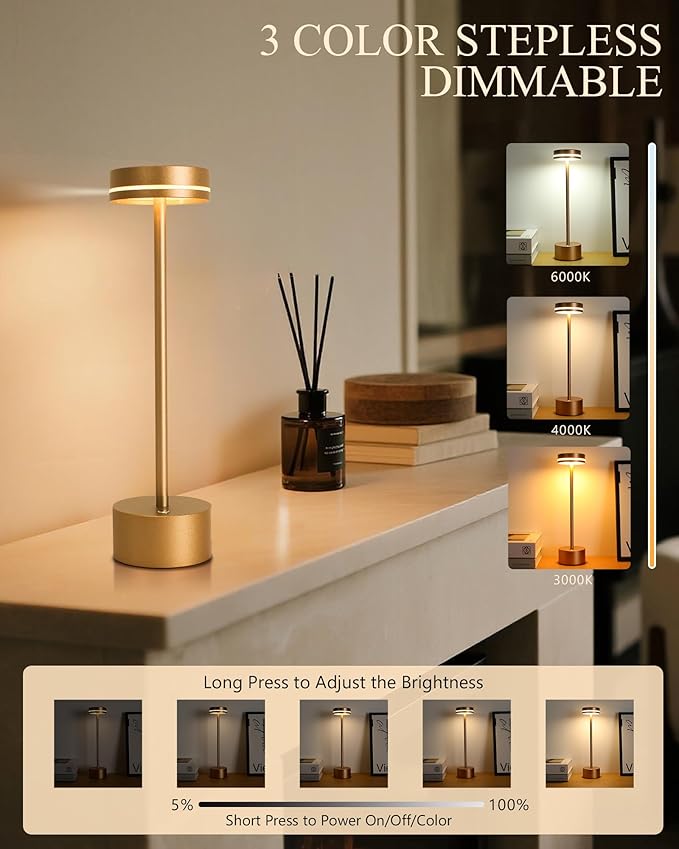 2 Pack Cordless Table Lamp Rechargeable, 3 Way Dimmable Touch Lamp & 5000mAh Battery Operated, Portable Metal Light for Reading/Office/Bedroom/Dining/Nightstand/Gift for Home Décor – Rose Gold