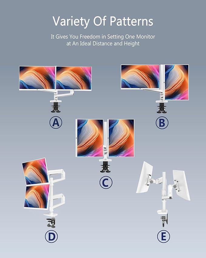 Dual Monitor Mount, Holds Screens up to 40 Inches and 25 lbs, Fully Adjustable Dual Monitor Arm with C-Clamp and Grommet Base, Aluminum, White