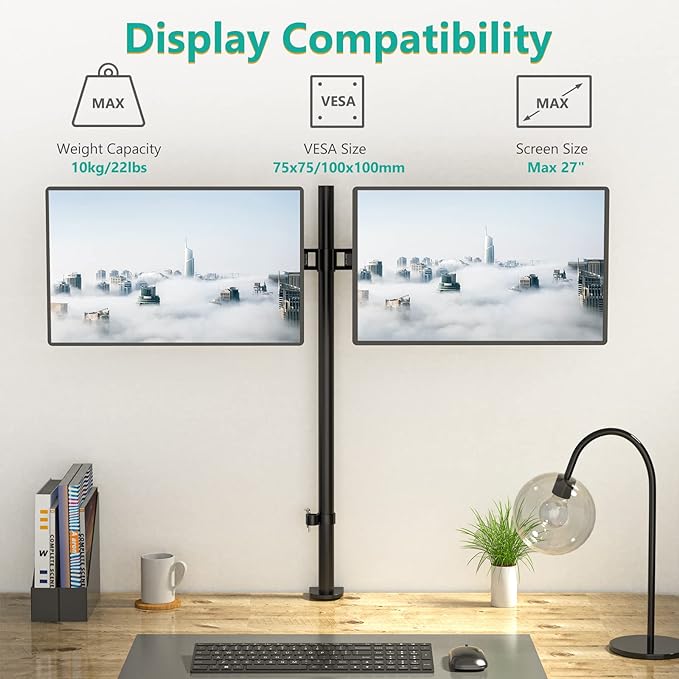 WALI Extra Tall Dual LCD Monitor Fully Adjustable Desk Mount Fits 2 Screens up to 27 inch, 22 lbs. Weight Capacity per Arm (M002XL), Black