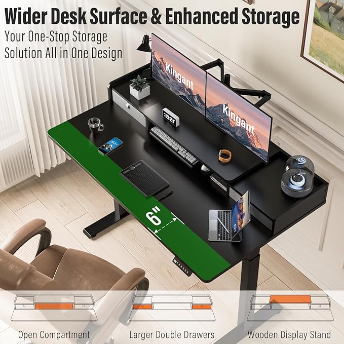 Kingant 48" x 30" Standing Desk with Drawers, Large Desktop, Ergonomic Sit Stand Desk for Home Office Work, Cable Management, 3 Preset Heights & 2 Hooks, Classic Black