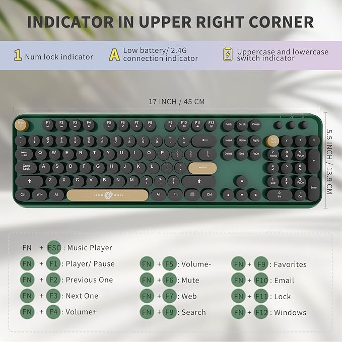 Wireless Keyboards Mouse Combos, Colorful Cute Typewriter Full-Size Retro Creamy Keyboard, 2.4GHz Sleep Mode Office Quiet Wireless Keyboard and Mouse Set for Desktop Laptop PC Computer Dark Green