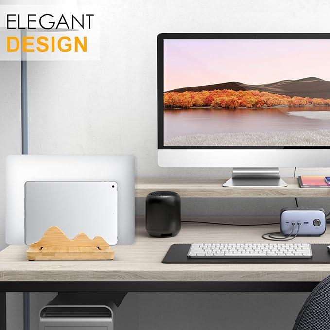 Wooden Vertical Laptop Stand, Double Stand Adjustable Laptop Holder Mountain Shape 3 Slots Desktop Dock Compatible with All MacBook/Surface/Samsung/HP/Dell and Other Laptops