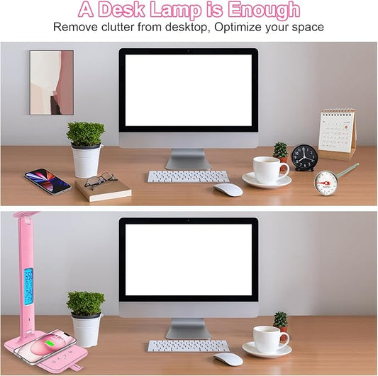 Desk Lamp with Wireless Charger, USB Charging Port, Dimmable Office Desk Light with Clock, Alarm, Date, Temperature, Foldable Lamp for Table Bedroom Bedside Office (Pink)