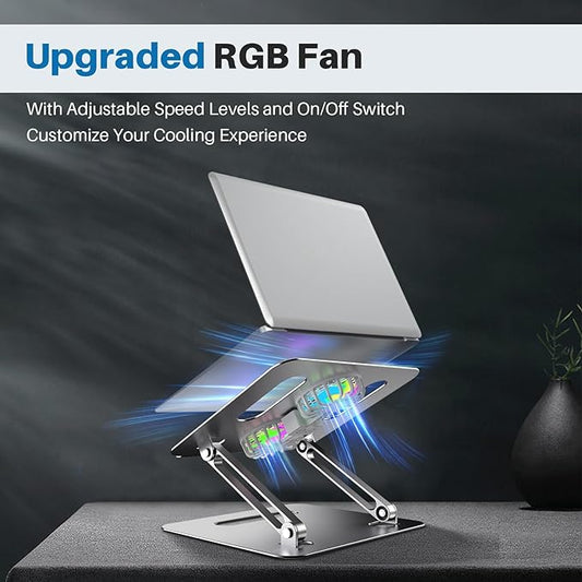 Adjustable Laptop Cooling Stand with 2 Quiet Fans & RGB Lighting, Aluminum Alloy & Foldable Ergonomic Design for MacBook, Lenovo, ASUS, Dell 10-16 Inch, Perfect for Gaming, DJ, Office - Gray