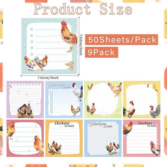 Chicken Sticky Notes Gifts - 9Pack Cute Sticky Notes 3x3 Roosters Chicken Gifts for Women Chicken Scratch Funny Post Notes Animals Self-Stick Notes Pads Office School Supplies 450 Sheets