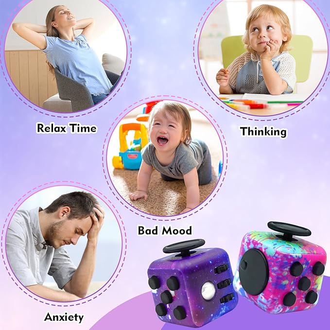 Lollyx Fidget Toy Cube, 6 Sided Stress Relief & Focus Toy for Adults & Kids, 2 Pack Cube Fidget Toys Hand-Held for Adults, Audible/Silent Cube Toys Fidget for ADD/ADHD/OCD