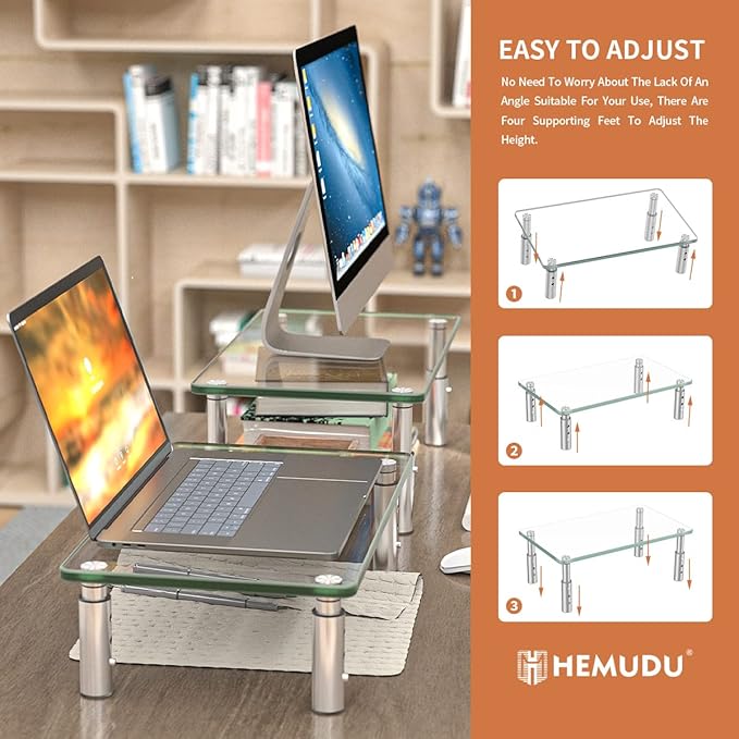 Hemudu 2 Pack Monitor Stand - 3 Adjustable Height Riser, Computer Stand, Desktop Organizer for PC, Laptop - Clear