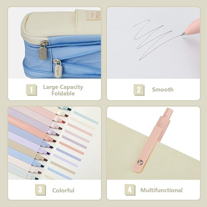 Henoyso 18 Set Aesthetic School Supplies Include Big Capacity Study Pen Bag with Zipper 12 Pcs Chisel Tip Bible Highlighters 5 Pcs Quick Dry Retractable Black Ink Pens for Student Office(Light Blue)