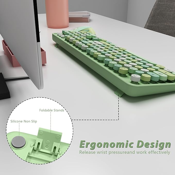 Wireless Keyboard and Mouse Combo, Cute Colorful 104-Key Typewriter Retro Round Keycaps Keyboard for PC Laptop,Windows,Desktop,Perfer for Home and Office Keyboards (Green)