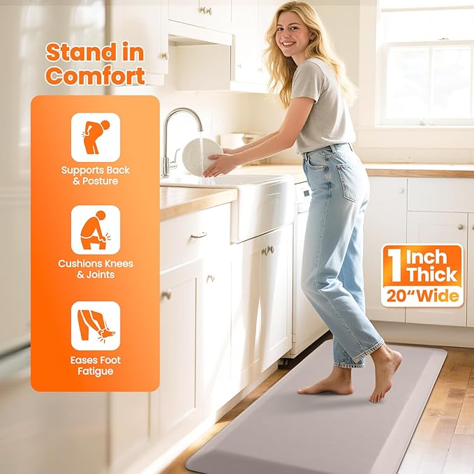 Kitchen Mats for Floor, 1 Inch Extra-Thick Kitchen Rugs, Non-Slip & Waterproof Standing Desk Mat, Comfort Anti Fatigue Mats for Kitchen Floor, Home, Sink, Office (20" X 39", Khaki)