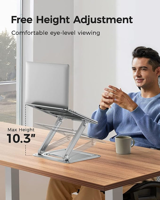 LORYERGO Laptop Stand for Desk, Adjustable & Foldable Laptop Riser for 10-15.6 Inch Laptops, Computer Stand for MacBook/Notebook, Portable Ergonomic Holder Up to 17.6lbs - Silver